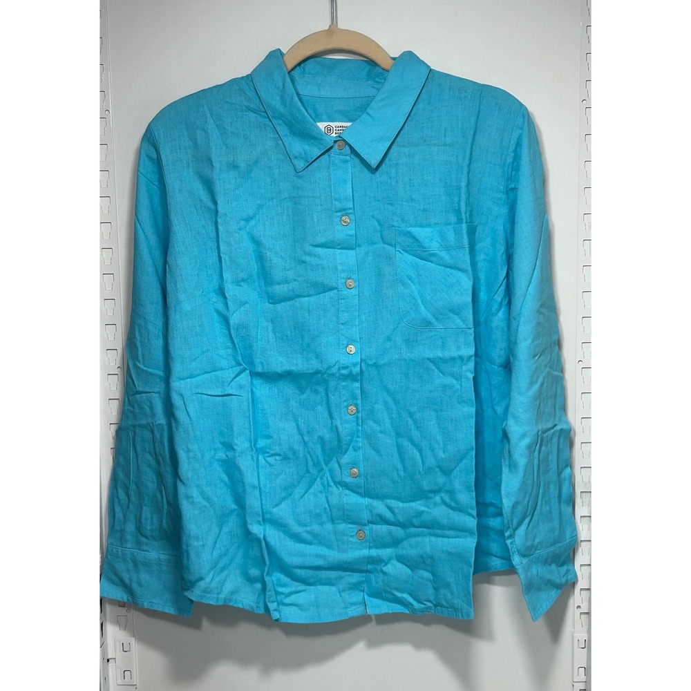 Candace Cameron Bure Turquoise Blue Linen Button Down Shirt Petite Medium MP